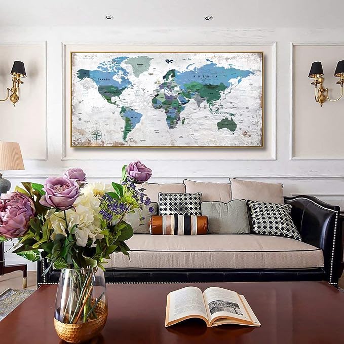 Framed Wall Art World Map Wall Art Canvas Picture 30inchx60inch Large Blue Map - Image 4