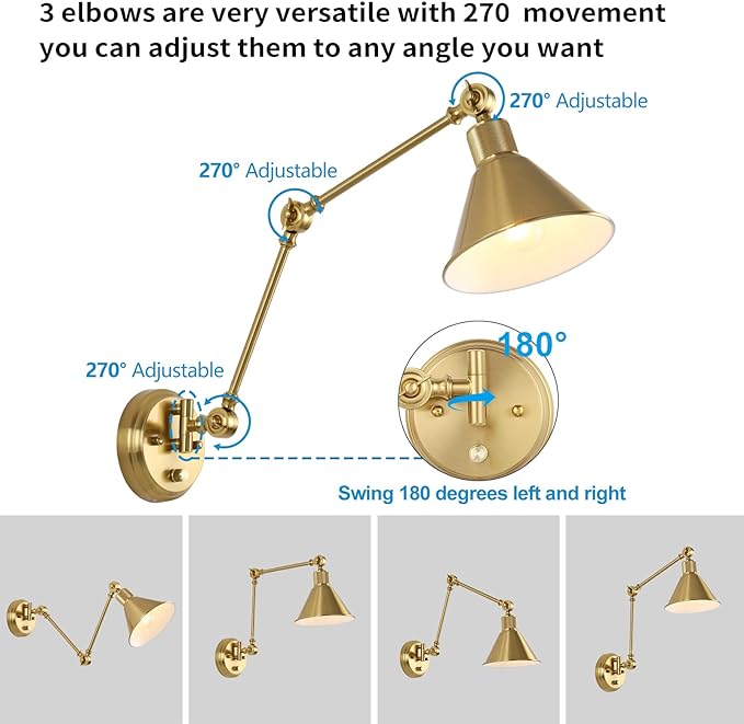 TRLIFE Wall Sconces Plug in, Dimmable Wall Sconces Brushed Brass Swing Arm Wall - Image 2