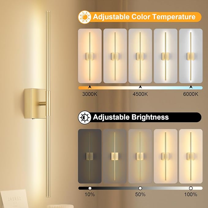 Battery Operated Wall Sconce, 3000K-6000K Dimmable Gold Wall Lights - Image 2