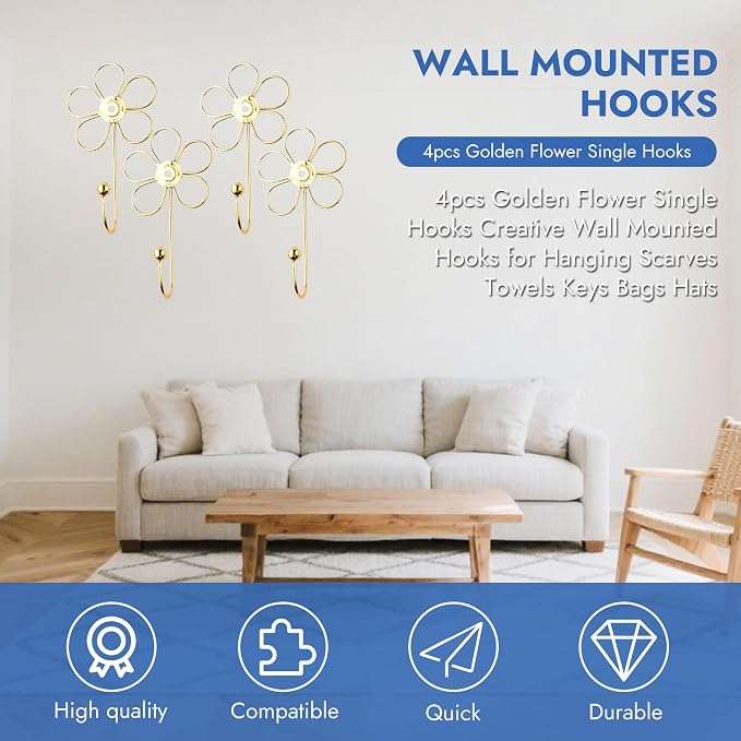 4 Pcs Heavy Duty Decorative Wall Hooks, Creative Flower Shaped Wall Mounted Hook - Image 6