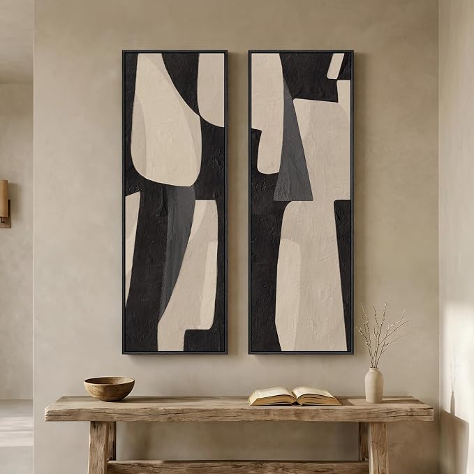 Long Narrow Framed Neutral Abstract Vertical Wall Art by Cuspin