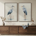 Large Framed Vintage Bird Wall Art, 2 Piece Neutral Blue Heron Canvas Painting by Cuspin