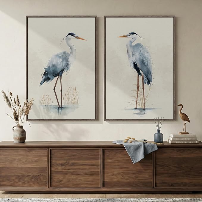 Large Framed Vintage Bird Wall Art, 2 Piece Neutral Blue Heron Canvas Painting by Cuspin