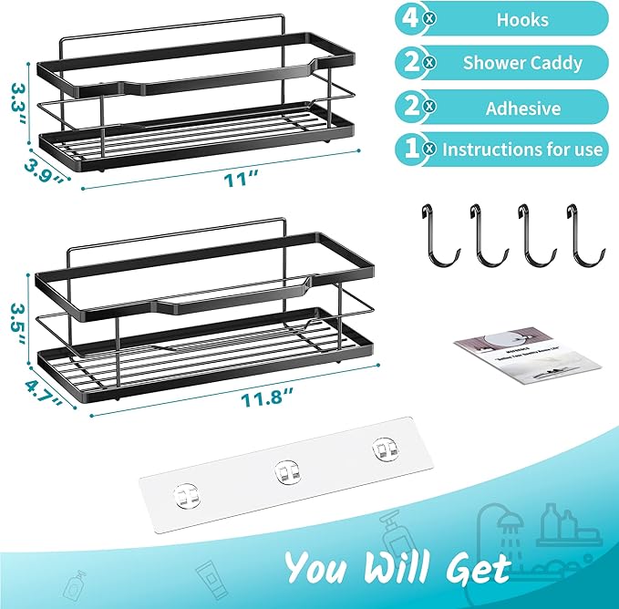 Moforoco Shower Caddy Shelf Organizer Rack, Self Adhesive Black Bathroom - Image 6