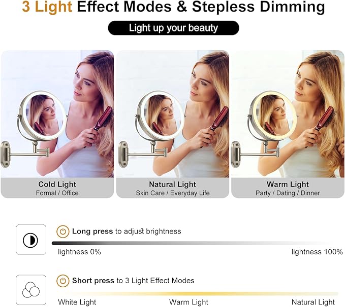 IMIKONA 9" Wall Mounted Lighted Makeup Mirror, 4000mAh Rechargeable Double - Image 5