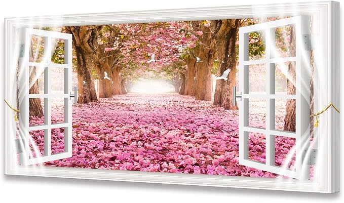 AH40162 Wall Art CanvasTrees and Pink Rose Paintings Printed Pictures Stretched by Cao+Gen+Decor+Art