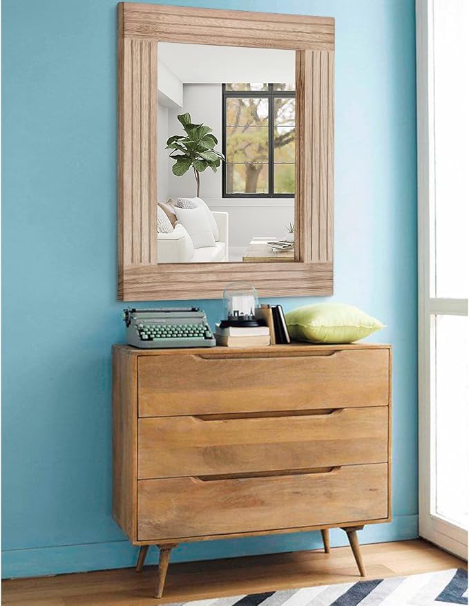 Rectangle Mirror Retro Wooden Wall-Mounted Mirrors Farmhouse Bedroom Bathroom - Image 4