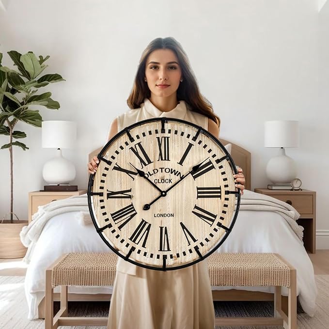 EMAX HOME Rustic Farmhouse Wall Clock 24 Inch, Vintage Oldtown London Wooden - Image 3
