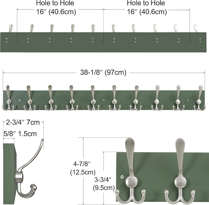 SKOLOO Creations Forest Green Solid Wood Wall Mounted Coat Rack, 10 Hooks - Image 2