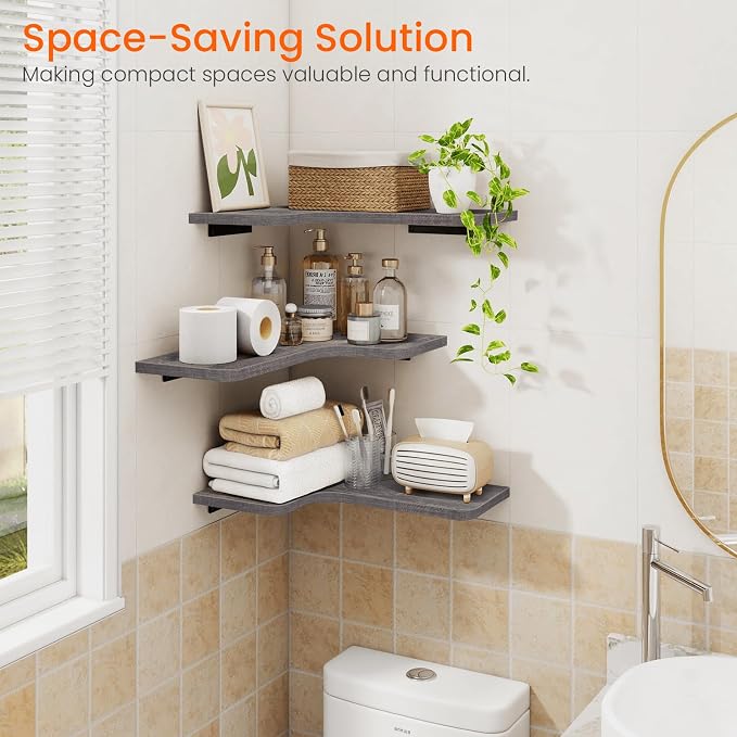 Homode Corner Shelves Wall Mounted, 3 Tier Wooden Hanging Shelves - Image 8