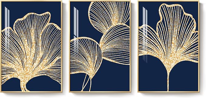 Framed Modern Luxury Wall Art for Living Room, Large Navy Blue and Gold Ginkgo - Image 7