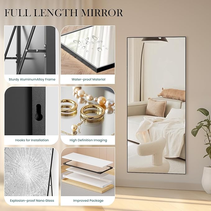 DUMOS Full Length Mirror with Stand 70.4"x25.6" Floor Standing Aluminum Frame - Image 3