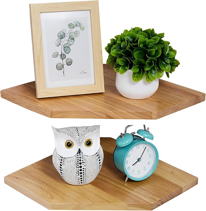 Corner Wall Shelves, Corner Floating Shelves Set of 2 Solid Oak Wood Display by Coamily