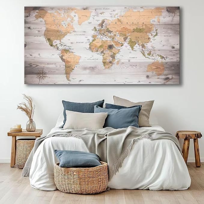 Large Wall Art grey map of The World Painting Ready to Hang 36"x70"Large Framed - Image 2