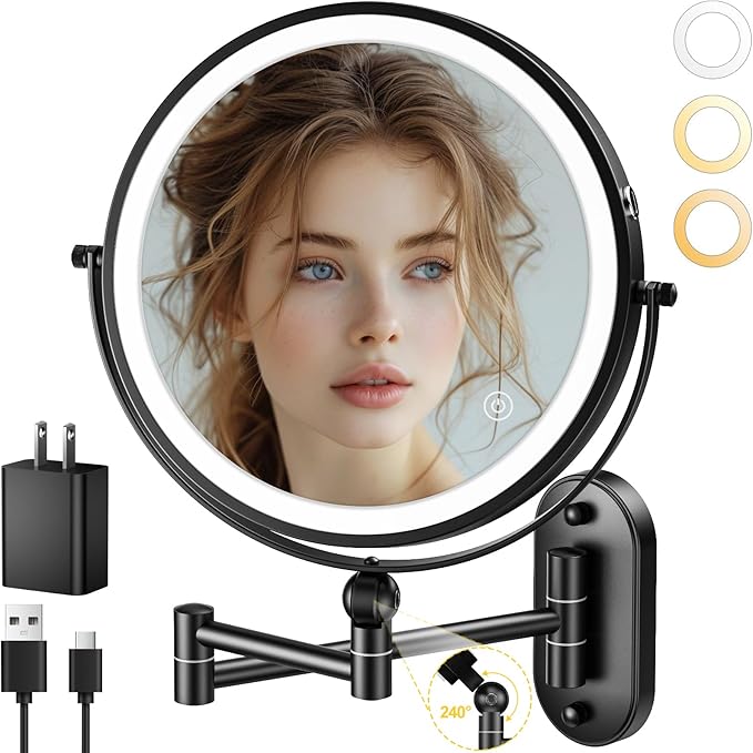 9" Wall Mounted Lighted Makeup Mirror, 4000mAh Rechargeable Double Sided 1X/10X by IMIKONA