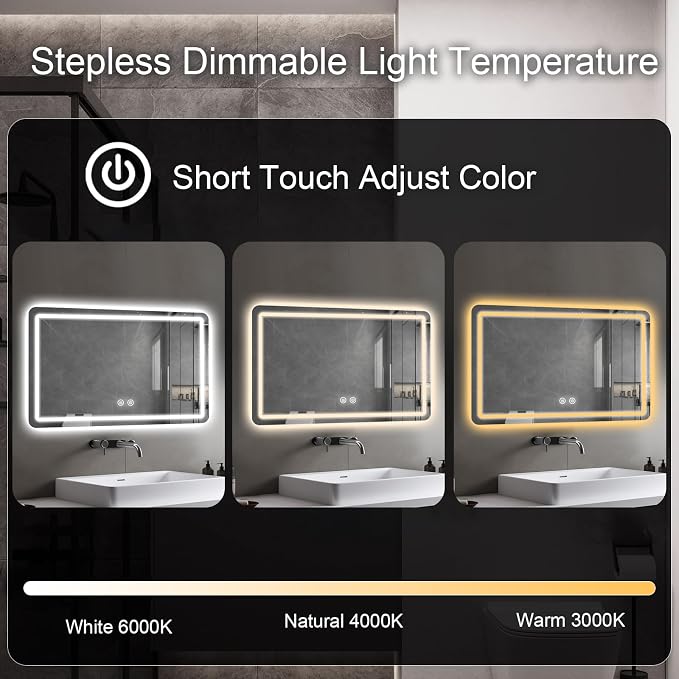 LED Bathroom Mirror, 36 x 24 Inch Anti-Fog Wall Mirror - Image 3