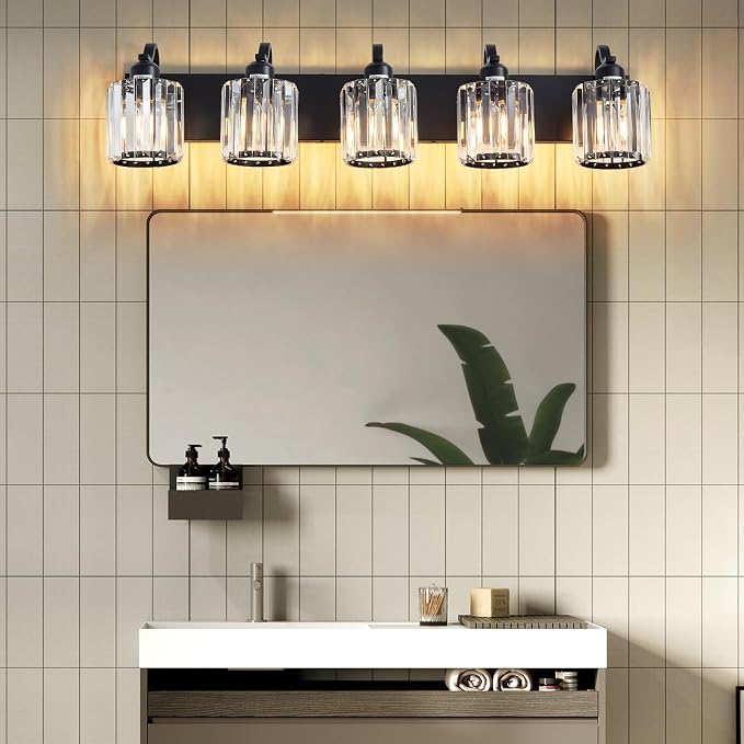 Crystal Vanity Light Black 5 Lights Modern Bathroom Vanity Lighting Fixtures - Image 7