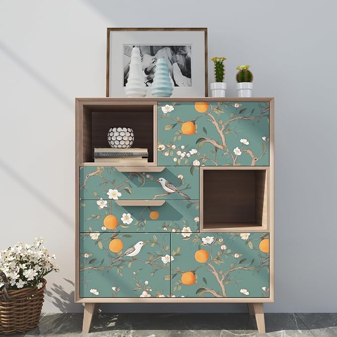 Green Floral Wallpaper Peel and Stick, Birds Contact Paper Orange Fruits - Image 2