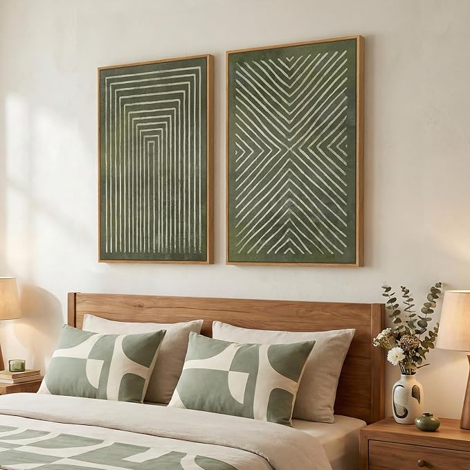 Large Framed Green Abstract Wall Art, 2 Piece Modern Canvas Prints Paintings - Image 2