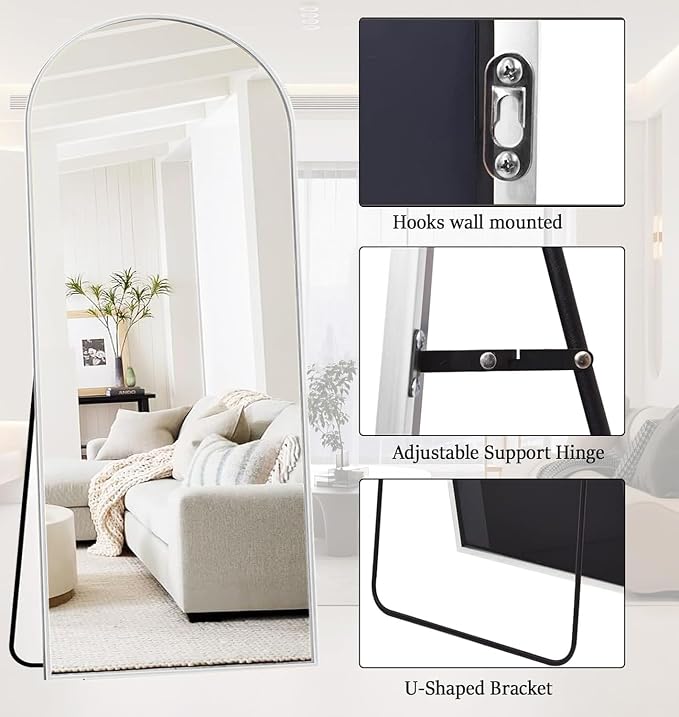 Rowjut Large 76"x34" Arched Full Length Mirror White Floor &Standing - Image 3