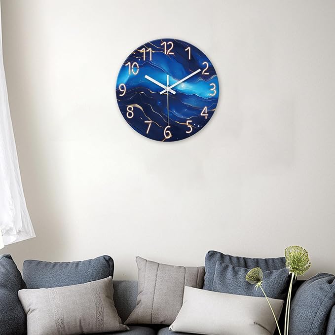 Small Wall Clocks Battery Operated 12 Inch Blue Marble Wall Clock - Image 2