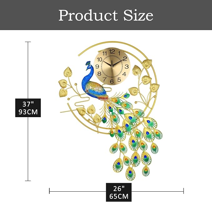 36.6 Inch Large Peacock Wall Clock Non-Ticking Silent, Creative Decorative - Image 5