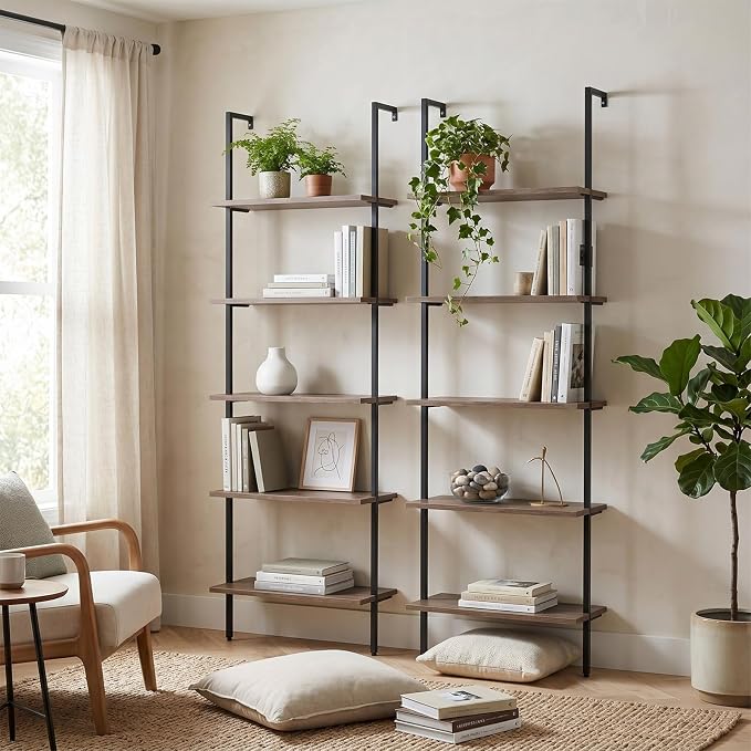aboxoo Ladder Shelf 2PCS Open Bookshelf 5-Tier Wall-Mounted Wood Bookcase Rack - Image 2