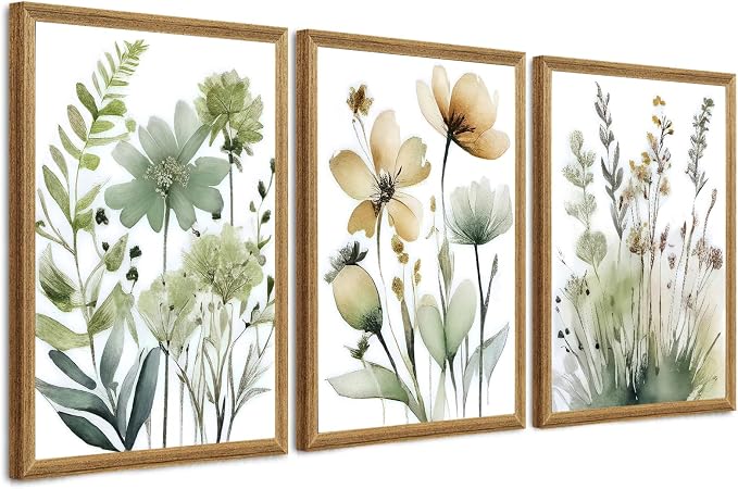 SYWENNOI Wood Framed Green Botanical Canvas Wall Art, Boho Floral Watercolor by SYWENNOICanvasWallArt