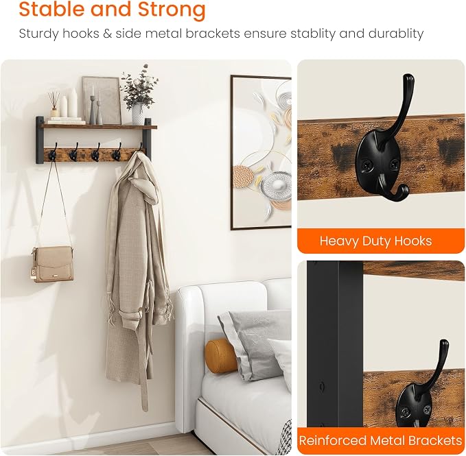Homode Wall Hooks with Shelf, Wood Coat Rack with Shelf Wall-Mounted, Entryway - Image 4