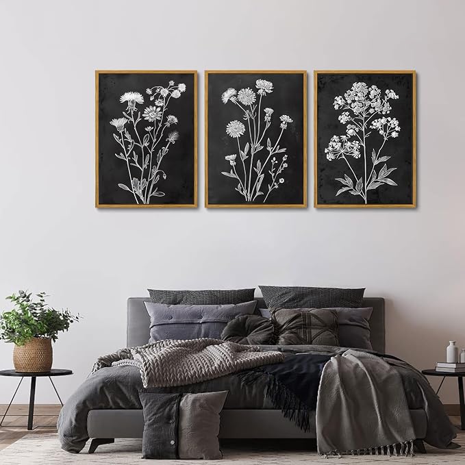 KISSFOX Framed Floral Botanical Canvas Wall Art Vintage Black Background Plant - Image 3
