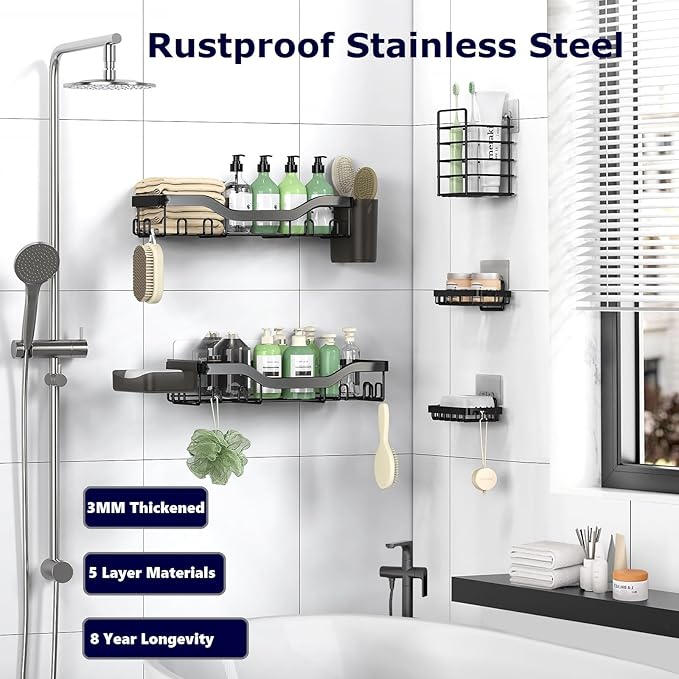 NESOMI Shower Caddy Adhesive Shower Organizer 7-Pack, Rustproof Stainless Steel - Image 5