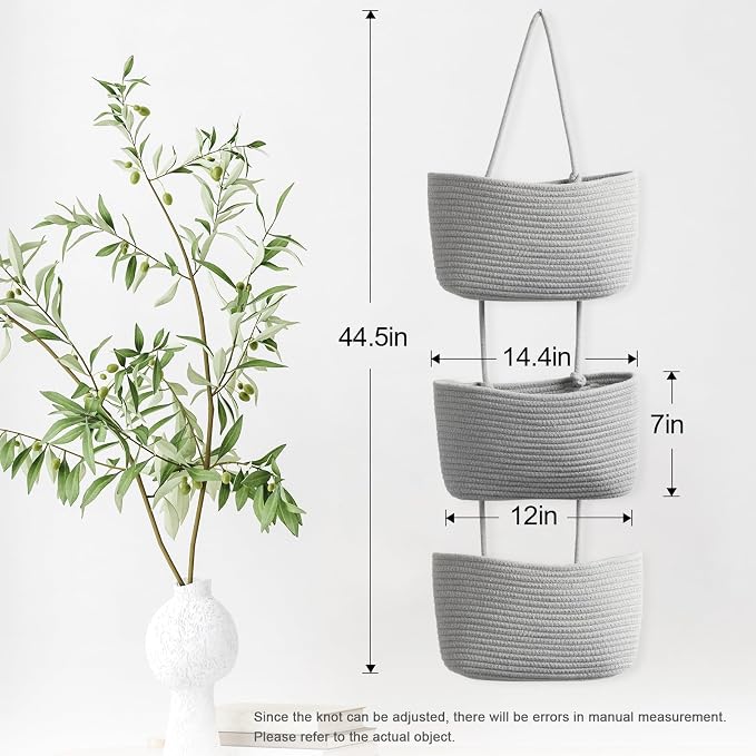 TeoKJ Over the Door Hanging Basket, 3-Tier Woven Cotton Wall-Mounted Storage - Image 6