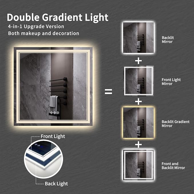 LED Mirror, 40x40 Inch Gradient Front and Backlight Bathroom Mirrors - Image 4