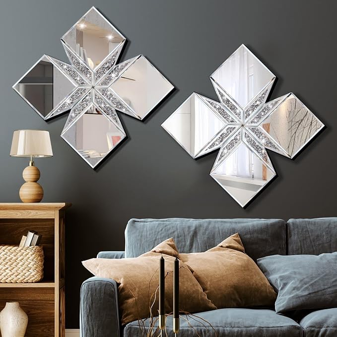 Crushed Diamond Decorative Mirror 22.25x22.25” Diamond Shape Glass Wall Mirror - Image 4