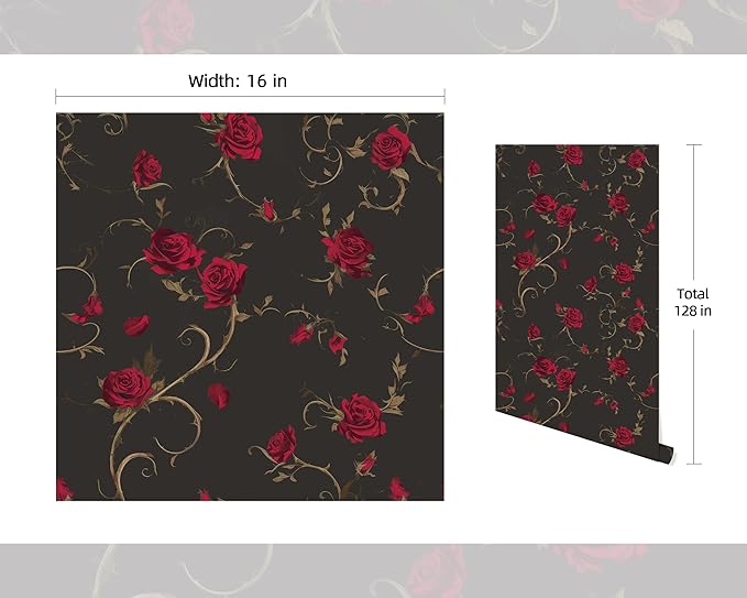 FLFK Peel and Stick Gothic Wallpaper Red Rose Floral Wallpaper 16in x 128in - Image 2