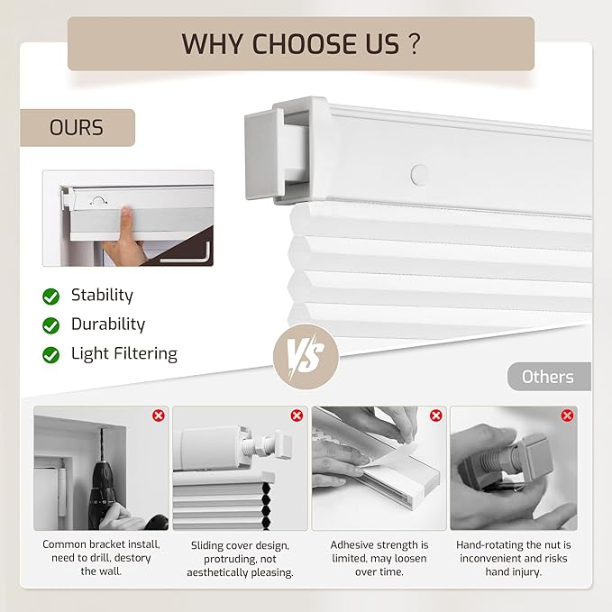 Grandekor No Drill No Tools Cordless Cellular Shades, 32.5" W x 64" H, Light - Image 5