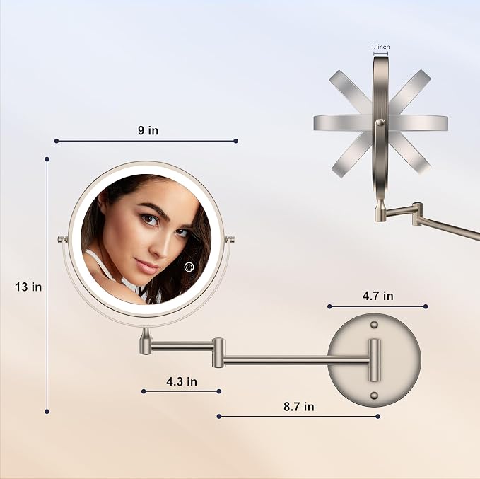 Rocollos 9" Wall Mounted Lighted Makeup Mirror, Large Double Sided 1X/10X - Image 6