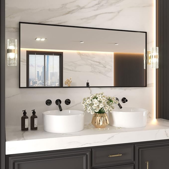LOAAO 72"X32" Black Rectangle Bathroom Mirror Wall, Matte Black Aluminum Alloy - Image 3