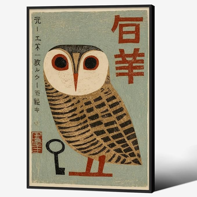 Vintage Japanese Black Framed Wall Art Owl Poster Mid Century Animal Print by Heltrappe