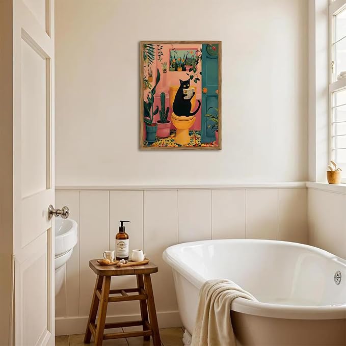 Funny Black Cat Bathroom Wall Art Whimsical Cat Reading Newspaper on Toilet - Image 8