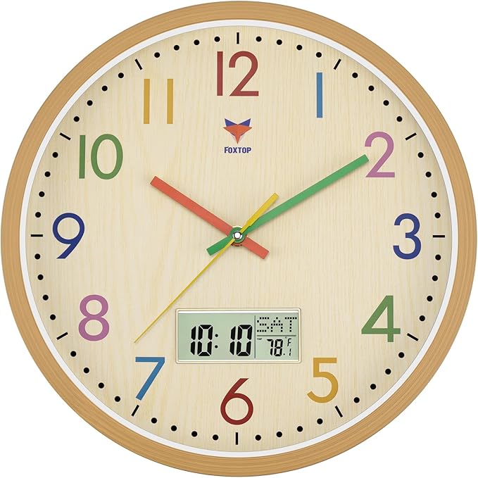 Foxtop Digital and Analog Kids Wall Clock 12 Inch Silent Non-Ticking Battery by Foxtop