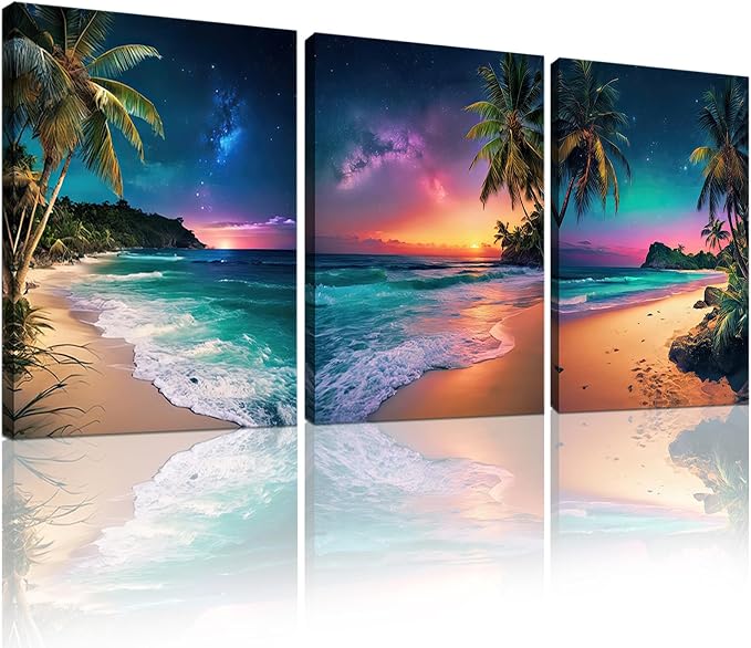 weiyiart 3-Piece Tropical Beach Wall Art, Northern Lights Ocean Sunset Canvas by weiyiart