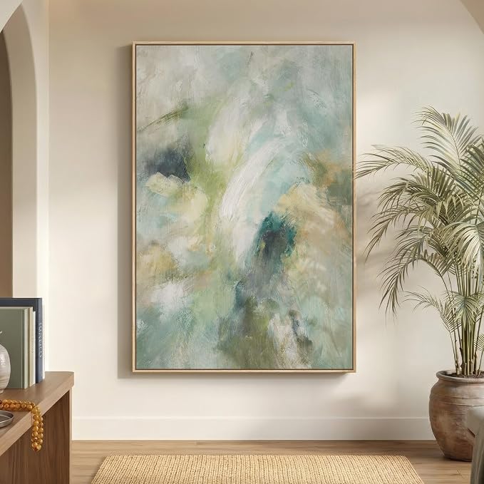 Extra Large Framed Teal Abstract Wall Art, Oversized Vertical Sage Green Canvas by Cuspin