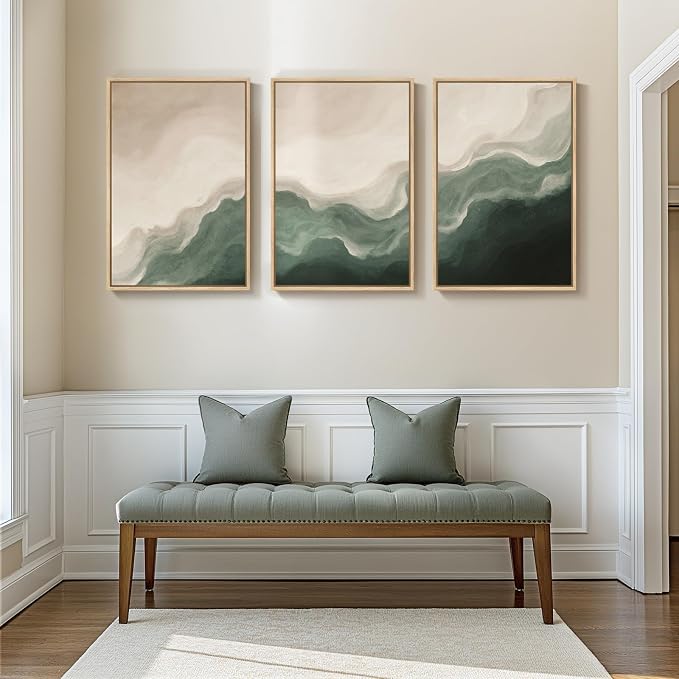 Large Framed Green and Beige Abstract Wall Art Set of 3, Modern Neutral Canvas - Image 8