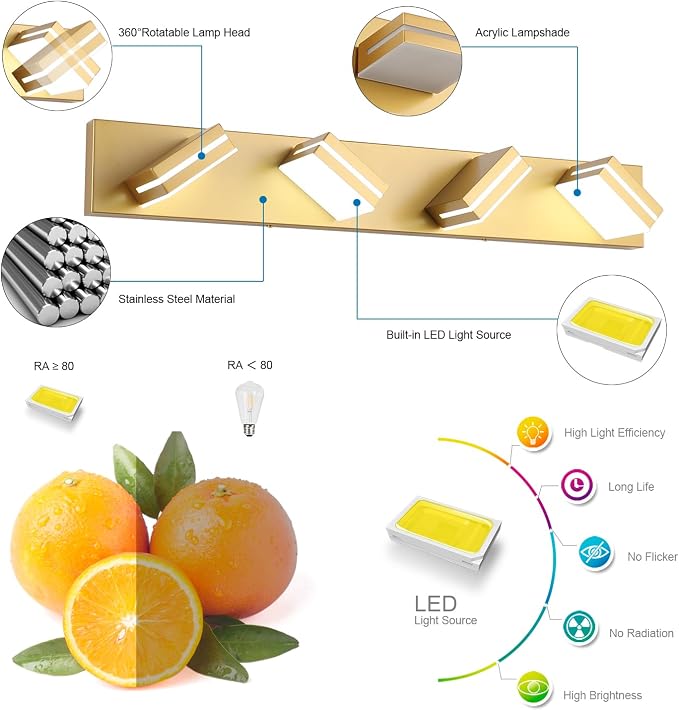 SineRise LED Modern Bathroom Vanity Light Fixtures, Matte Gold Modern Acrylic - Image 2