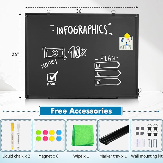Magnetic Chalk Board, 36“x24” Black Chalkboard Double-Sided Dry Erase Board - Image 2