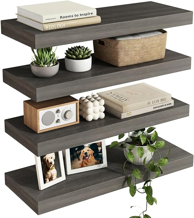 Fixwal 15.8in Floating Shelves, Rustic Wood Finish Wall Shelves Set of 4 by Fixwal