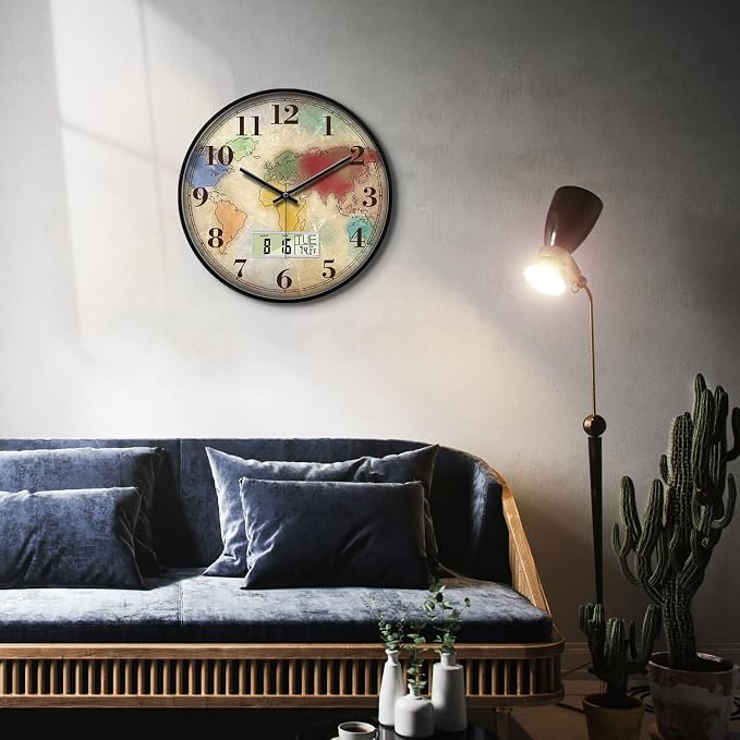 12" Silent Non-Ticking Vintage Distressed World Map Wall Clock, Battery - Image 5