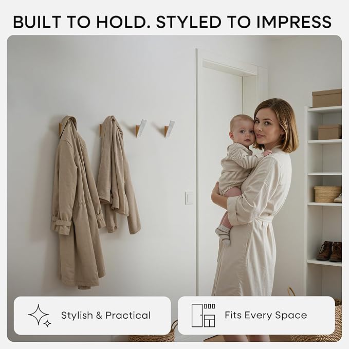 Homeforia Beech Wood Coat Hooks, High End Beech Wood & White Metal Wall Mounted - Image 2