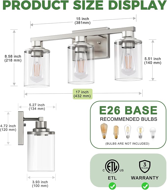 DORESshop 17 Inch Bathroom Light Fixtures, 3-Light Nickel Bathroom Lighting - Image 4